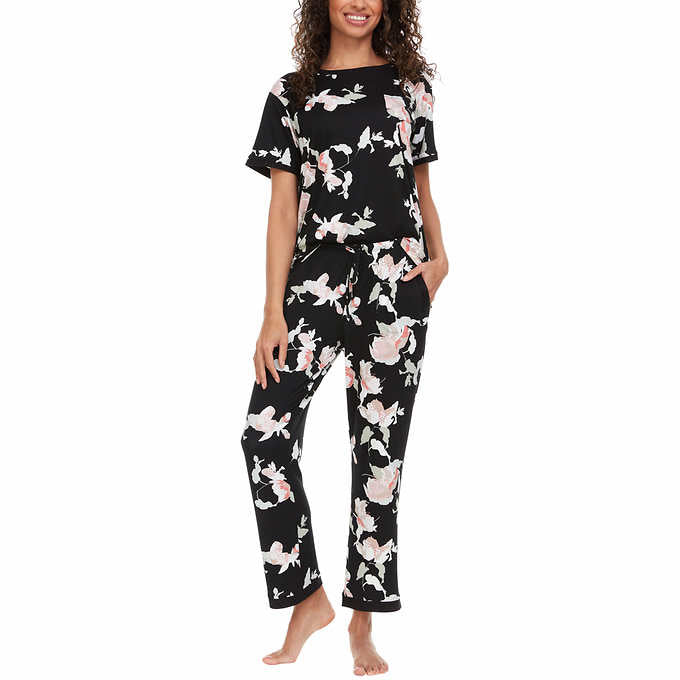 Grey Floral Lace Inset Solid Top Cotton Blend Knit Pajama Set, Pajamas