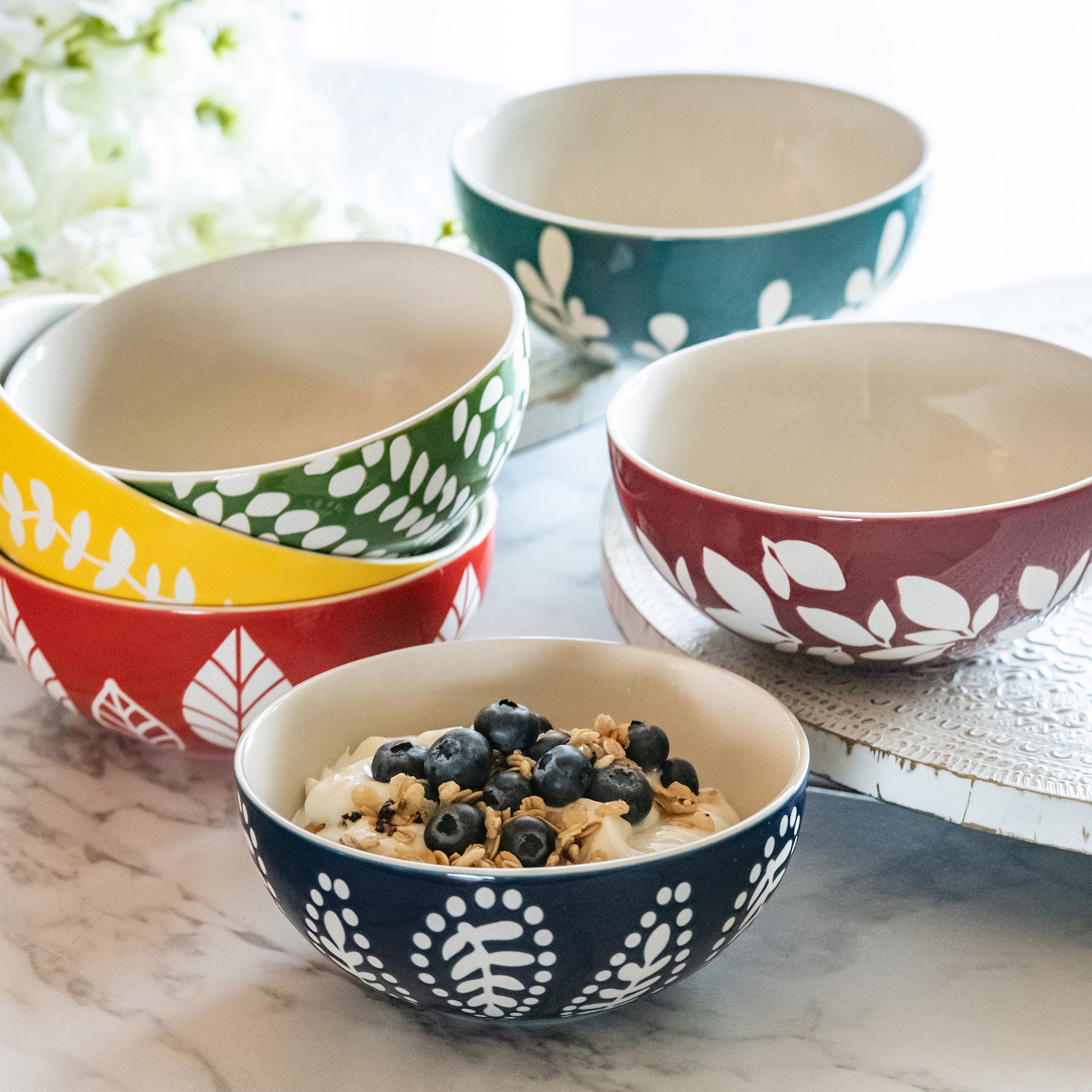 6-Piece Stoneware Bowl Set with Vented Lids Dishwasher & Microwave