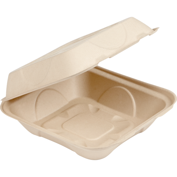 Compostable Fiber Clamshell Container, 8"L x 8"W, 100 ct