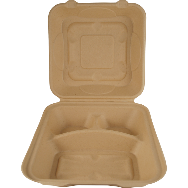 Compostable 3-Compartment Tray, 9" x 9", Kraft, 100 ct