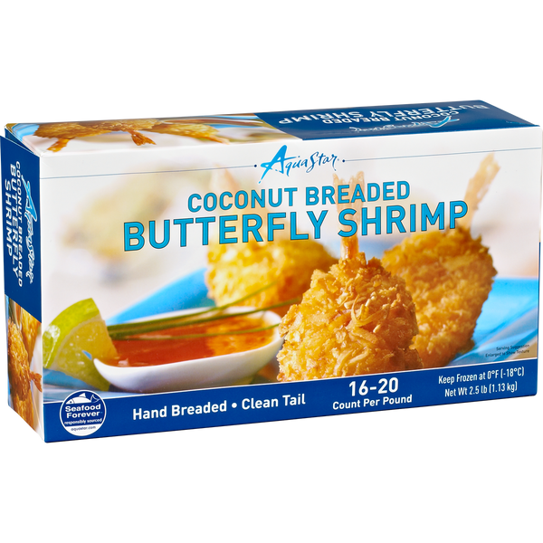 Coconut Breaded Butterfly Shrimp, Clean Tail, 16-20 ct, 2.5 lbs