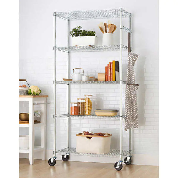 EcoStorage 5-Tier Wire Shelving Rack with Wheels , 36" x 18" x 72" NSF, Chrome Color