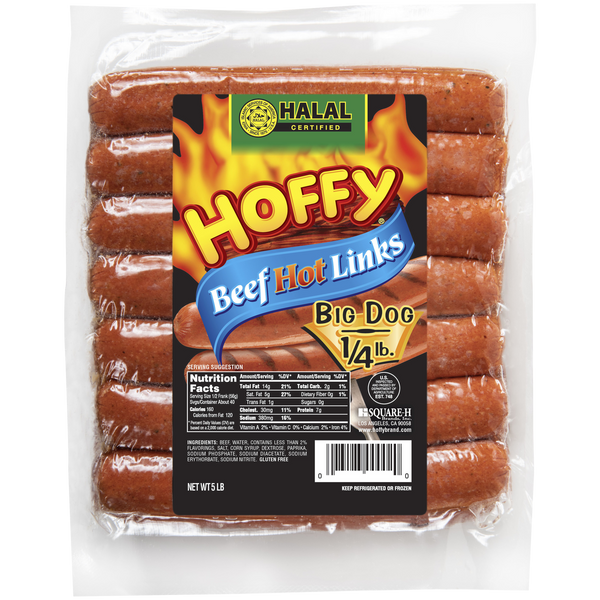 Halal Beef Hot Links, 1/4 lb Big Dog, 5 lbs