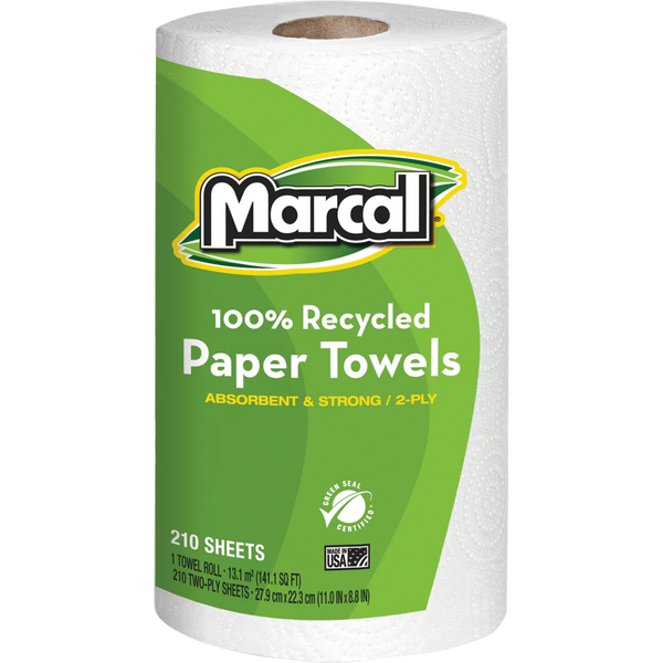 100% Recycled 2-Ply Paper Towels, Jumbo Rolls, White, 210 Sheets, 12 ct