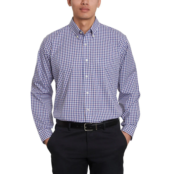 Men’s Traditional Fit Dress Shirt, Navy Orange White Plaid