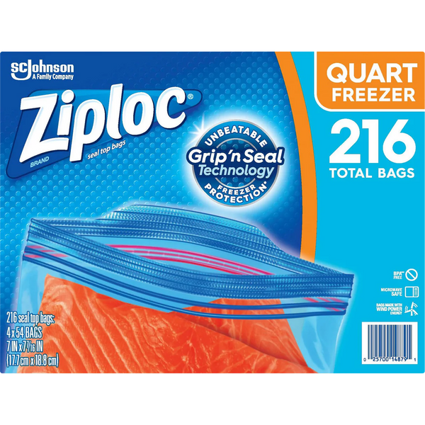 Ziploc Grip 'n Seal Freezer Bags, Quart, 216 ct