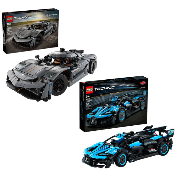 Technic Koenigsegg Jesko Absolut Grey Hypercar and Bugatti Bolide Agile Blue