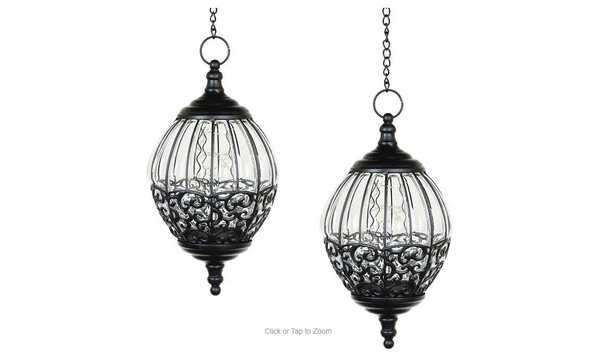 Solar Glass and Metal Hanging Lantern Pair with LED Lights