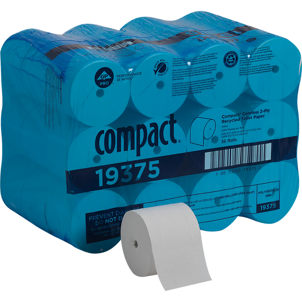 Compact Recycled Bath Tissue, Coreless Roll, 2-Ply, 3.85" x 4.05", 1000 Sheets, 36 ct