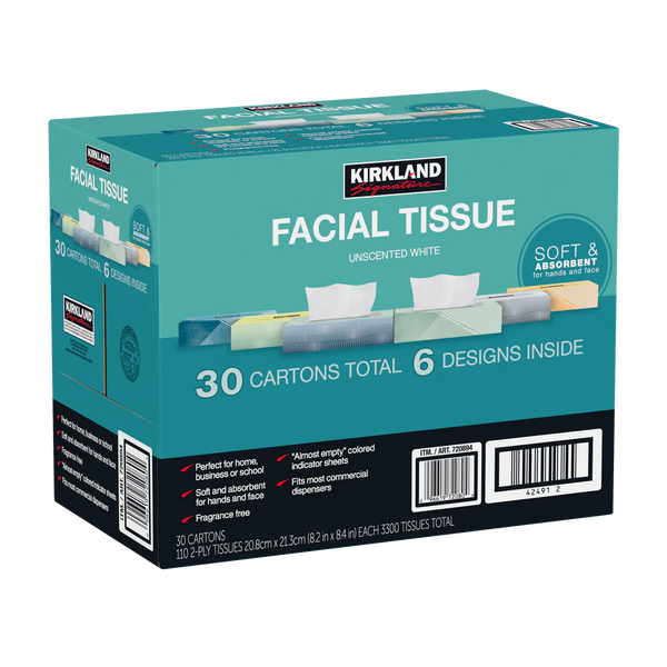 Facial Tissue, 2-Ply, Flat Box, 110 Tissues, 30 ct