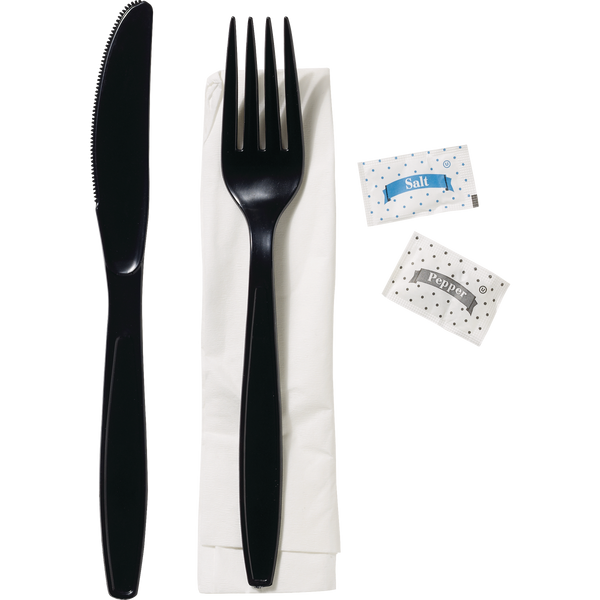 Plastic Fork, Knife, Napkin, Salt & Pepper Cutlery Kit, Black, 250 ct