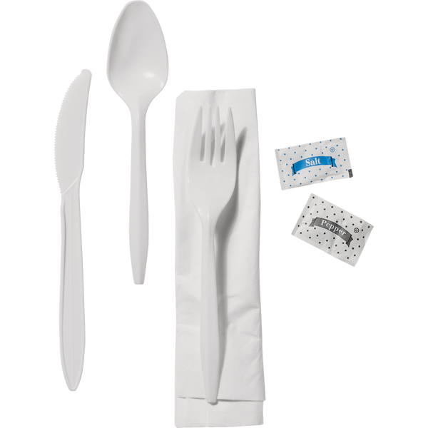 Plastic Fork, Knife, Spoon, Napkin, Salt & Pepper Cutlery Kit, White, 250 ct