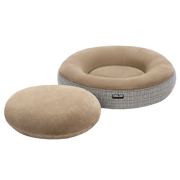 40” Round Nest Pet Bed, Taupe Plaid