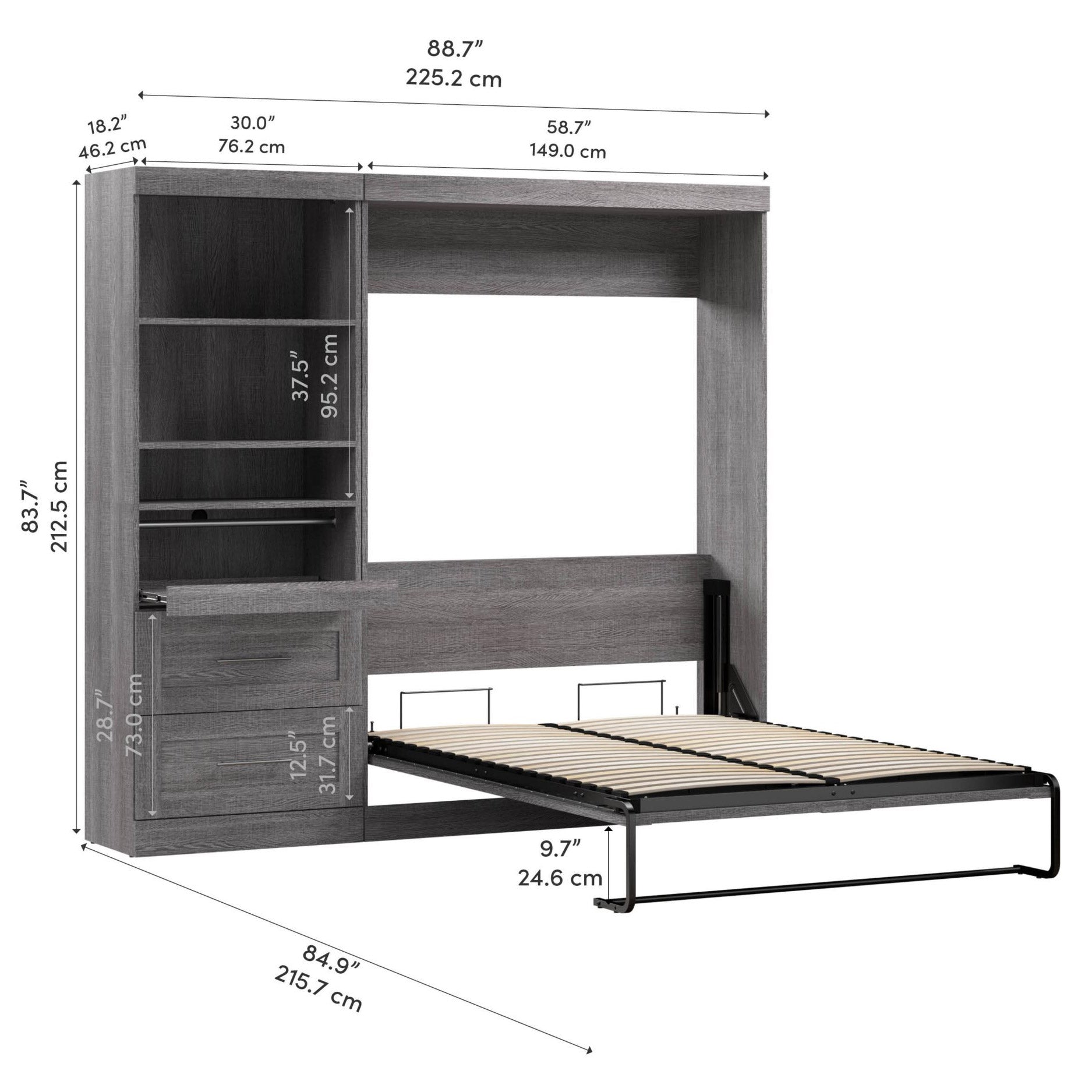 Boutique Full Murphy Bed and Shelving Unit with Drawers and Pull-Out Shelf