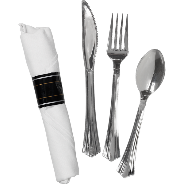 Pre-Rolled Plastic Fork, Knife, Spoon, Napkin Cutlery Kit, Silver, 30 ct