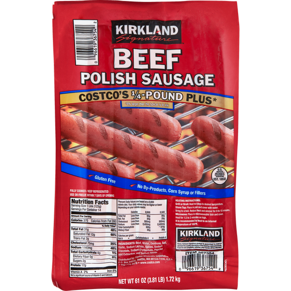 Beef Polish Sausage, Costco's 1/4 lb Plus, 14 Links, 3.81 lbs