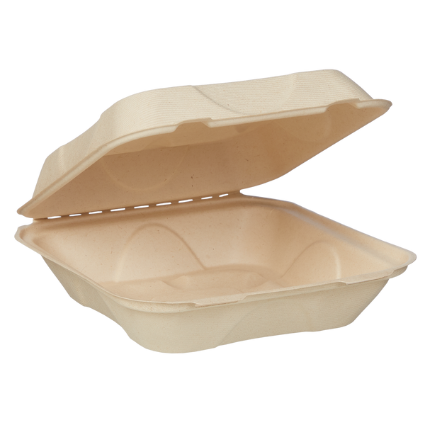 Compostable Fiber Clamshell Tray, 9" x 9", Kraft, 100 ct