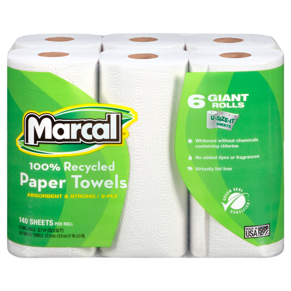 100% Recycled 2-Ply Paper Towels, Giant Rolls, White, 140 U-Size-It Sheets, 24 ct