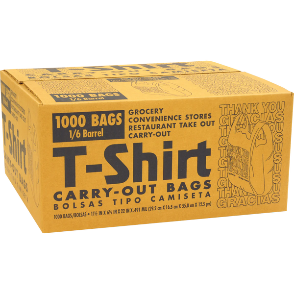 Poly-America Thank You/Gracias T-Shirt Carry-Out Bags, 1/6 Barrel, 1000 ct