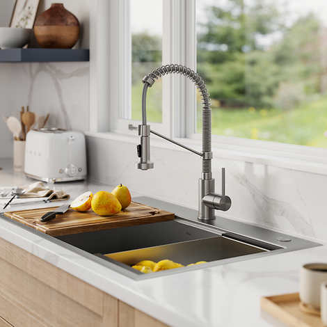 KRAUS 33" Dual Mount Workstation Sink with 18" Commercial Kitchen Faucet