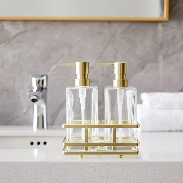 Home Decor 3-piece Glass Soap Dispenser Set with Metal Storage Caddy