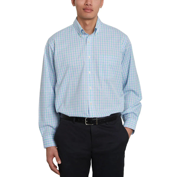 Men’s Traditional Fit Dress Shirt, Teal Blue White Plaid