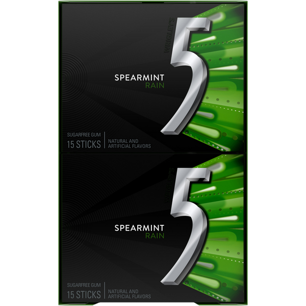 5 Gum Sugar Free Chewing Gum, Spearmint Rain, 15 Sticks, 10 ct