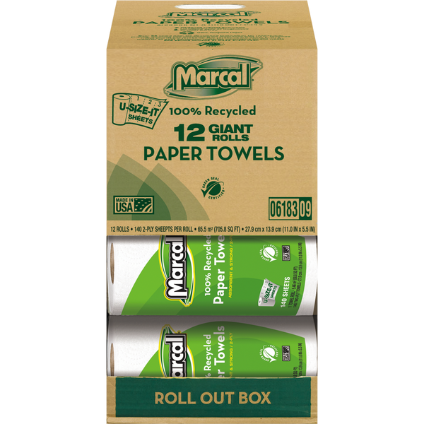 100% Recycled 2-Ply Paper Towels, Giant Rolls, White, 140 U-Size-It Sheets, 12 ct