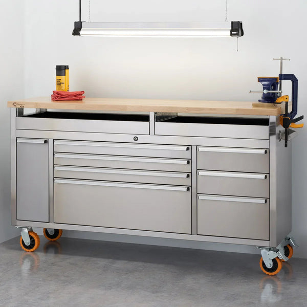 66" Stainless Steel Rolling Workbench with Clampable Raised Top