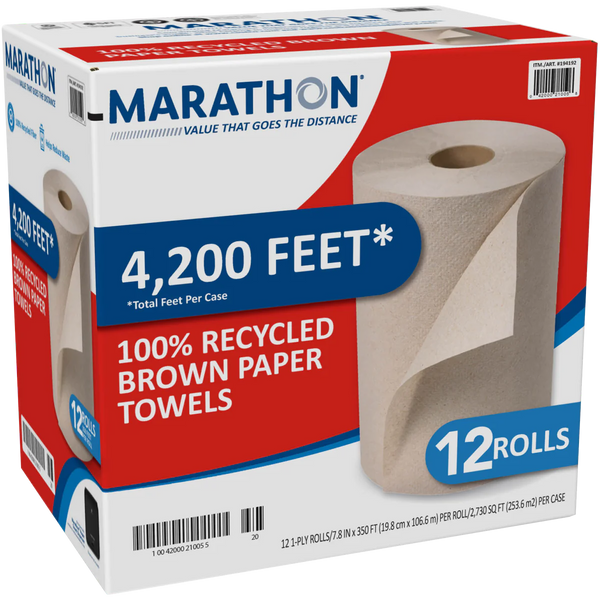 Recycled Dispenser Roll Towels, 1-Ply, Non-perforated, Brown, 12 ct