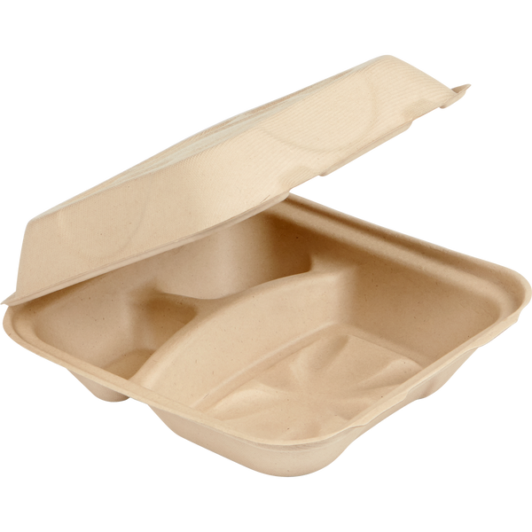 Compostable 3-Compartment Container, 8"L x 8"W, 100 ct