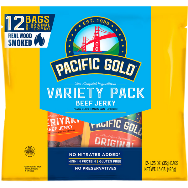 Pacific Gold Beef Jerky, Variety Pack, 1.25 oz, 12 ct