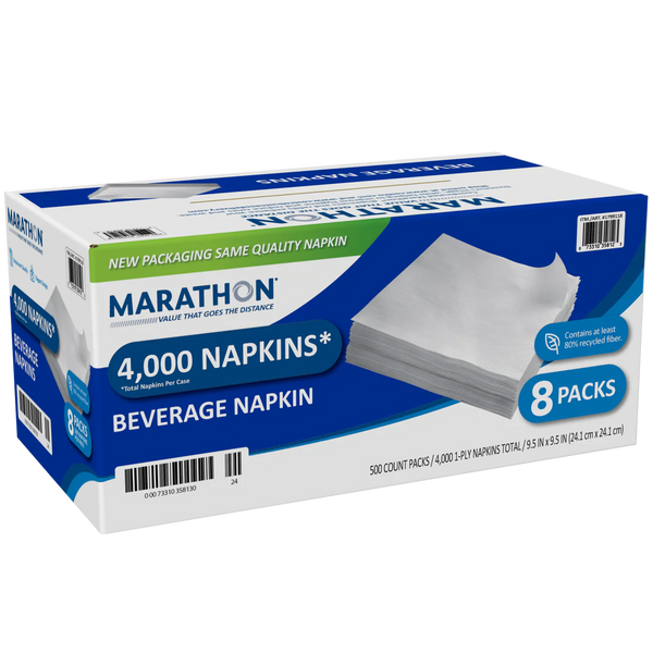 Beverage Napkins, 1-Ply, White, 4000 ct