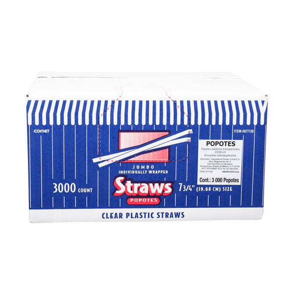 7-3/4" Wrapped Plastic Straws, Clear, 3000 ct