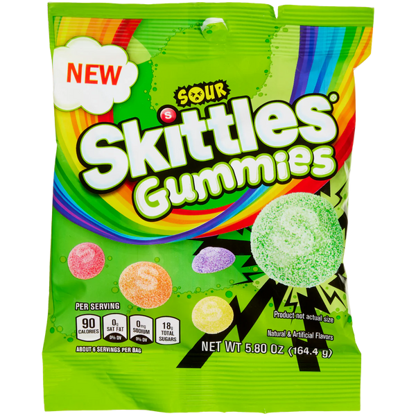 Skittles Gummies, Sour, 5.8 oz Peg Bag, 12 ct