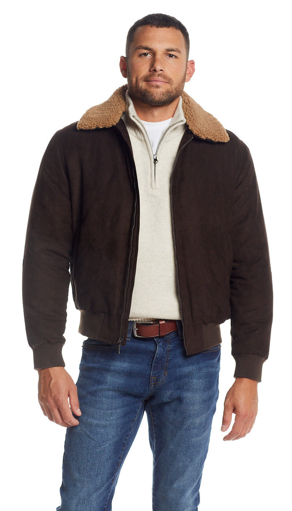 MICROSUEDE BOMBER JACKET WITH FAUX FUR COLLAR