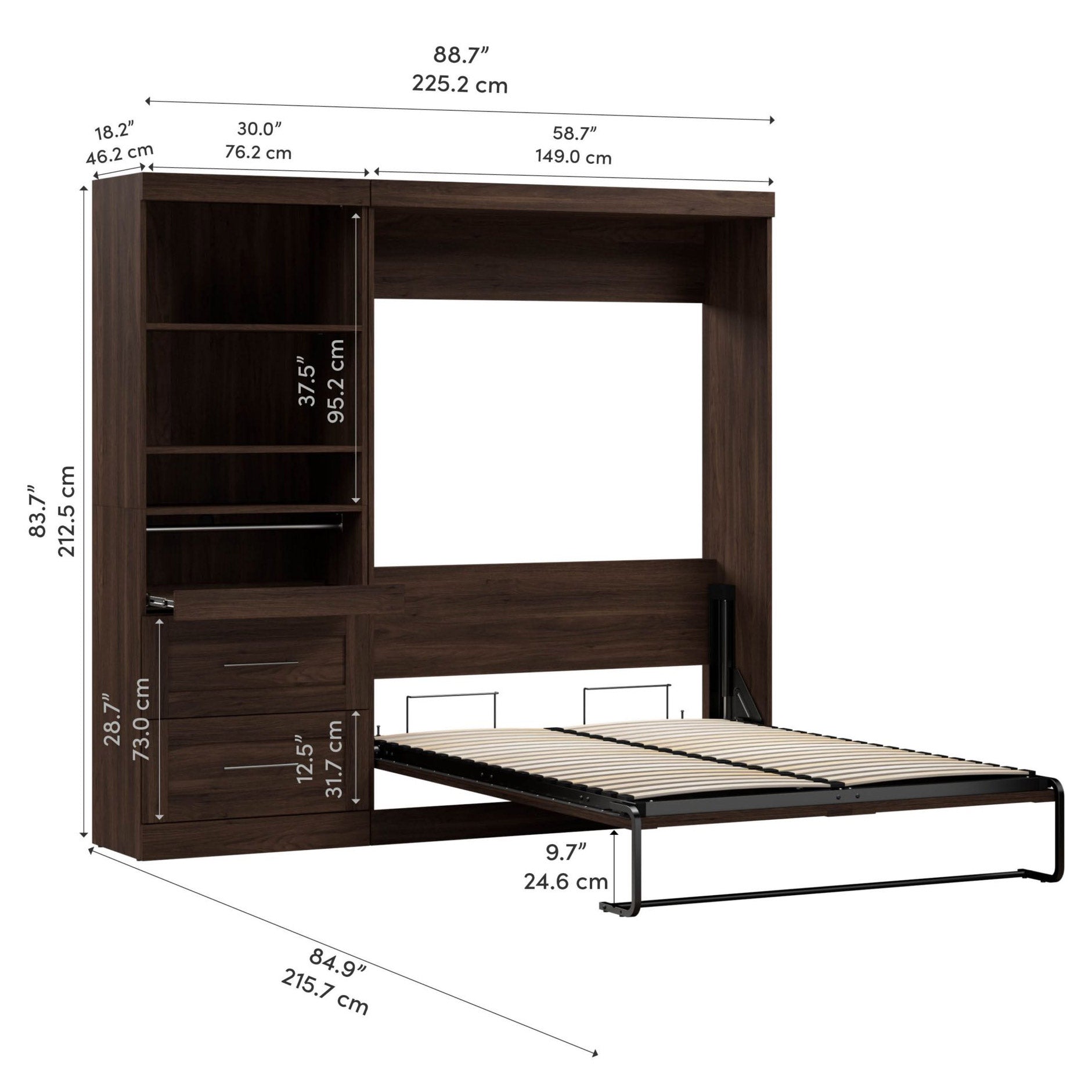 Boutique Full Murphy Bed and Shelving Unit with Drawers and Pull-Out Shelf