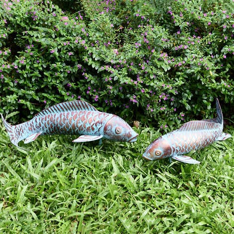 Verdigris Metal Fish Statue 2-pack