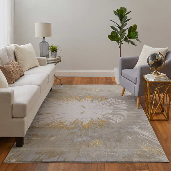 Feizy Jewel Area Rug Collection, Gray/Gold Sunburst